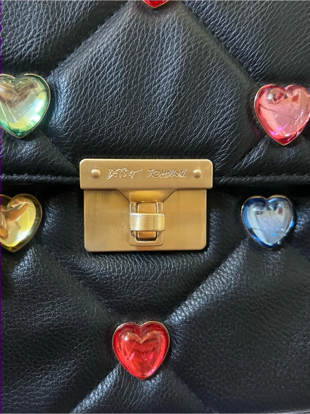 Betsey Johnson I Want Candy Hearts Black Quilted Top Handle Satchel